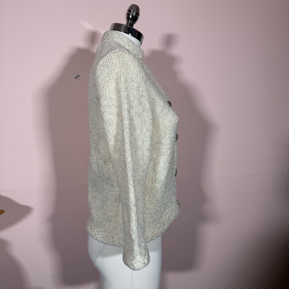 Vintage 1940 50 Retro Deco Cream wool Silver Metallic Cardigan sweater Jacket - Picture 14 of 17